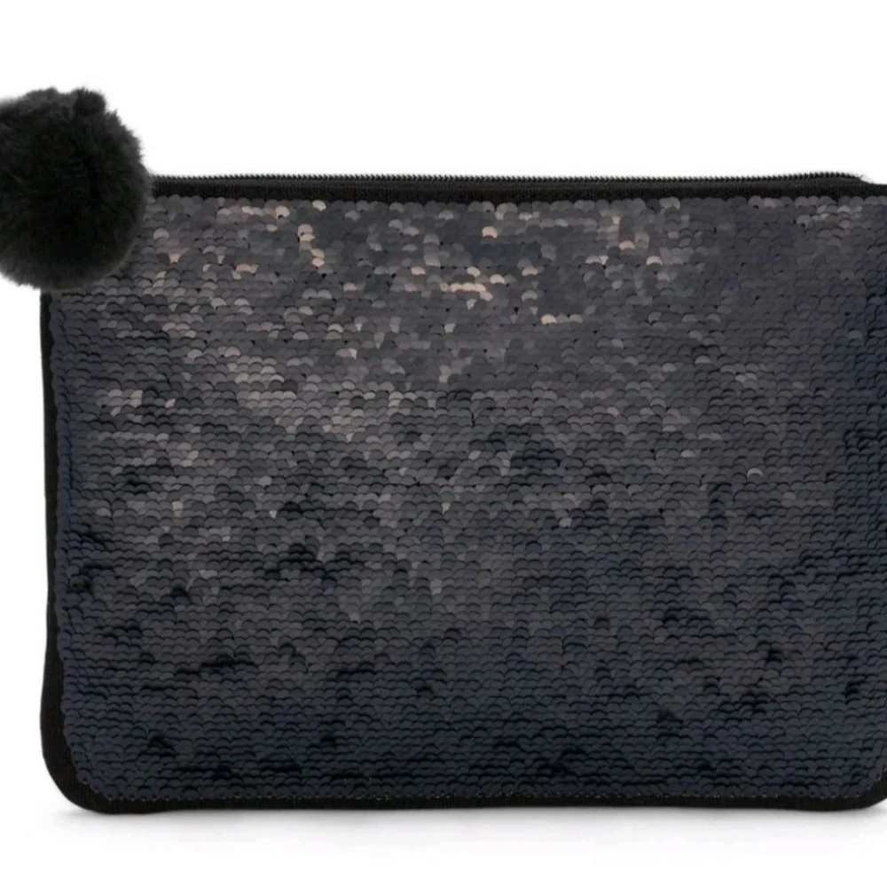New Stella & Dot Sequin Flip Wine Party Fun Clutch Bag Pouch Pom Pom Black Gold